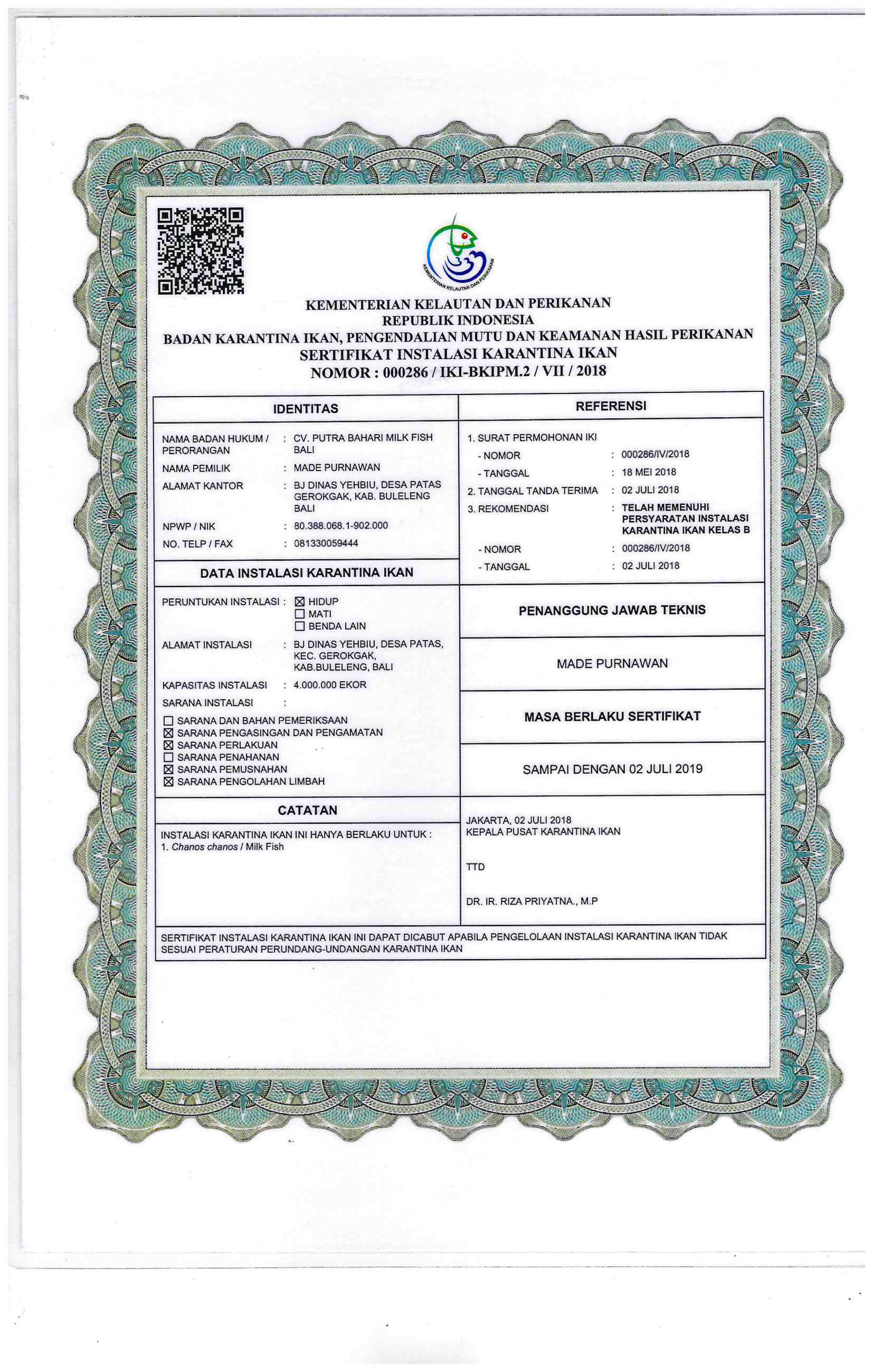 Sertifikat Instalasi Karantina Ikan